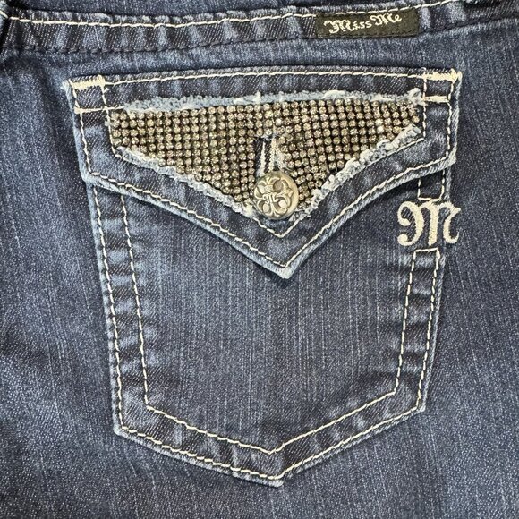 Miss Me Jeans Womens 29 Blue Boot Low Rise Stretch Dark Wash Denim Rhinestones - Picture 3 of 13